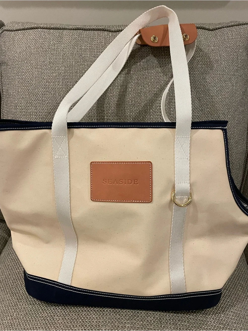 Seaside Canvas Tote in Cream and Navy with Tan Accent